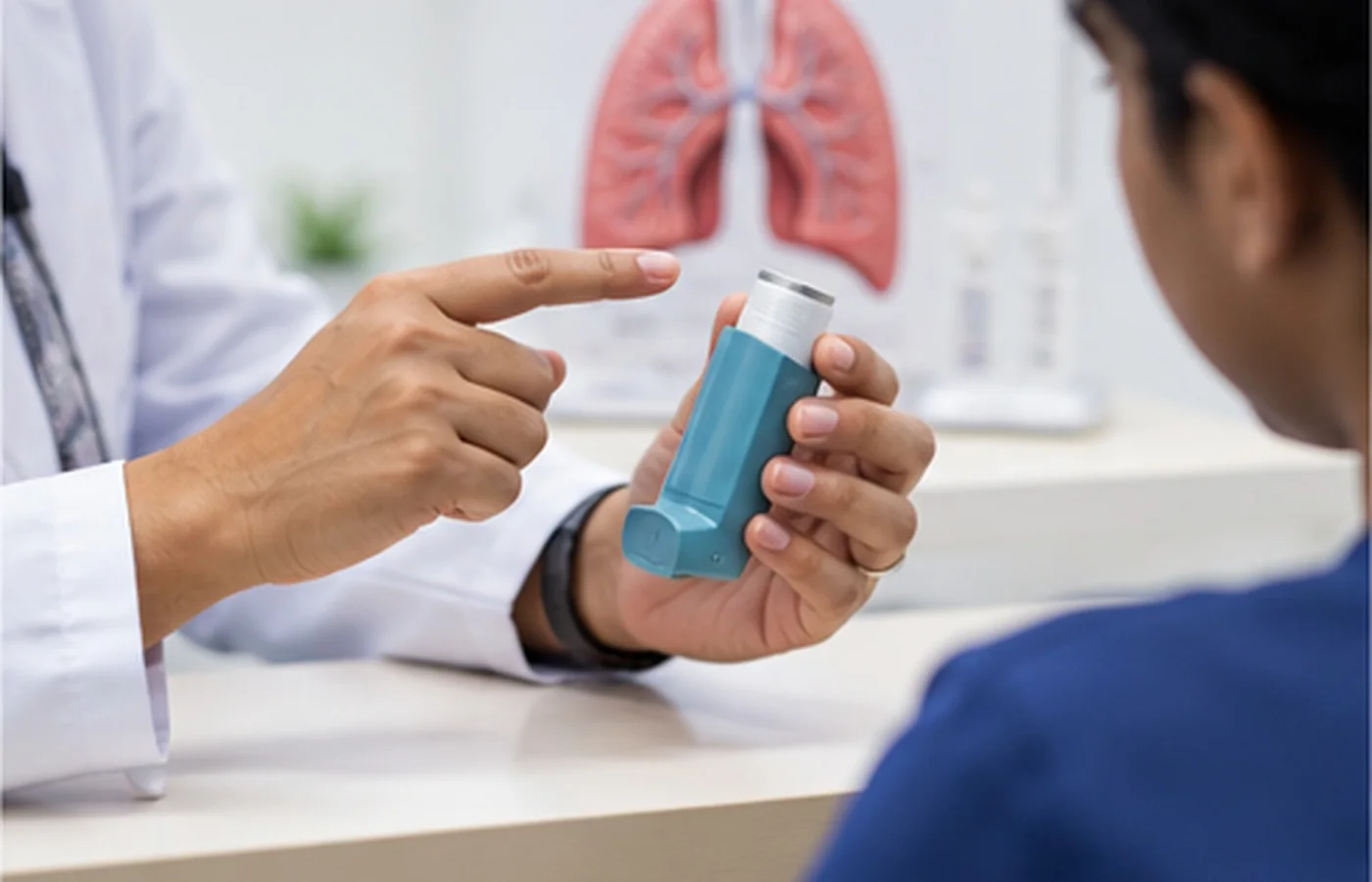 Doctor demonstrating correct inhaler technique to a patient