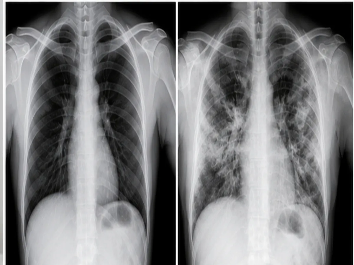 Two chest X-rays side by side: a normal lung and a lung with pneumonia