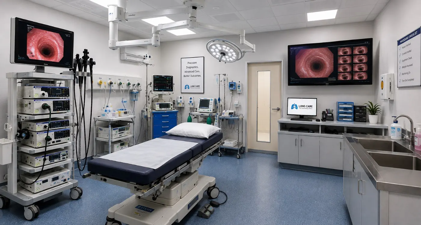 The procedure room and recovery area at Lung Care, RS Puram, Coimbatore