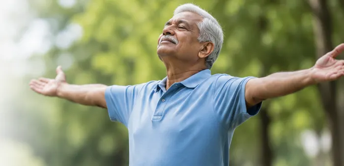 Man breathing freely with arms open outdoors