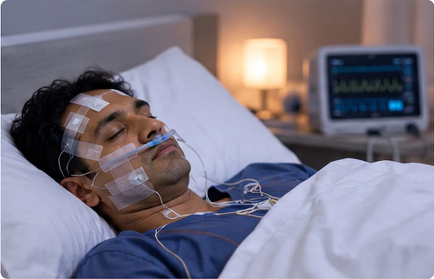 Patient asleep with polysomnography sensors and monitoring equipment