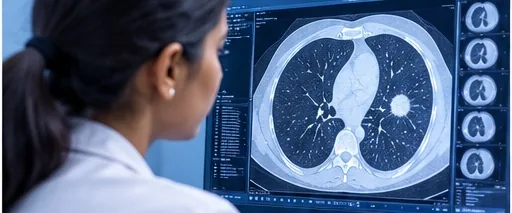 Pulmonologist reviewing a chest CT scan for suspected lung cancer