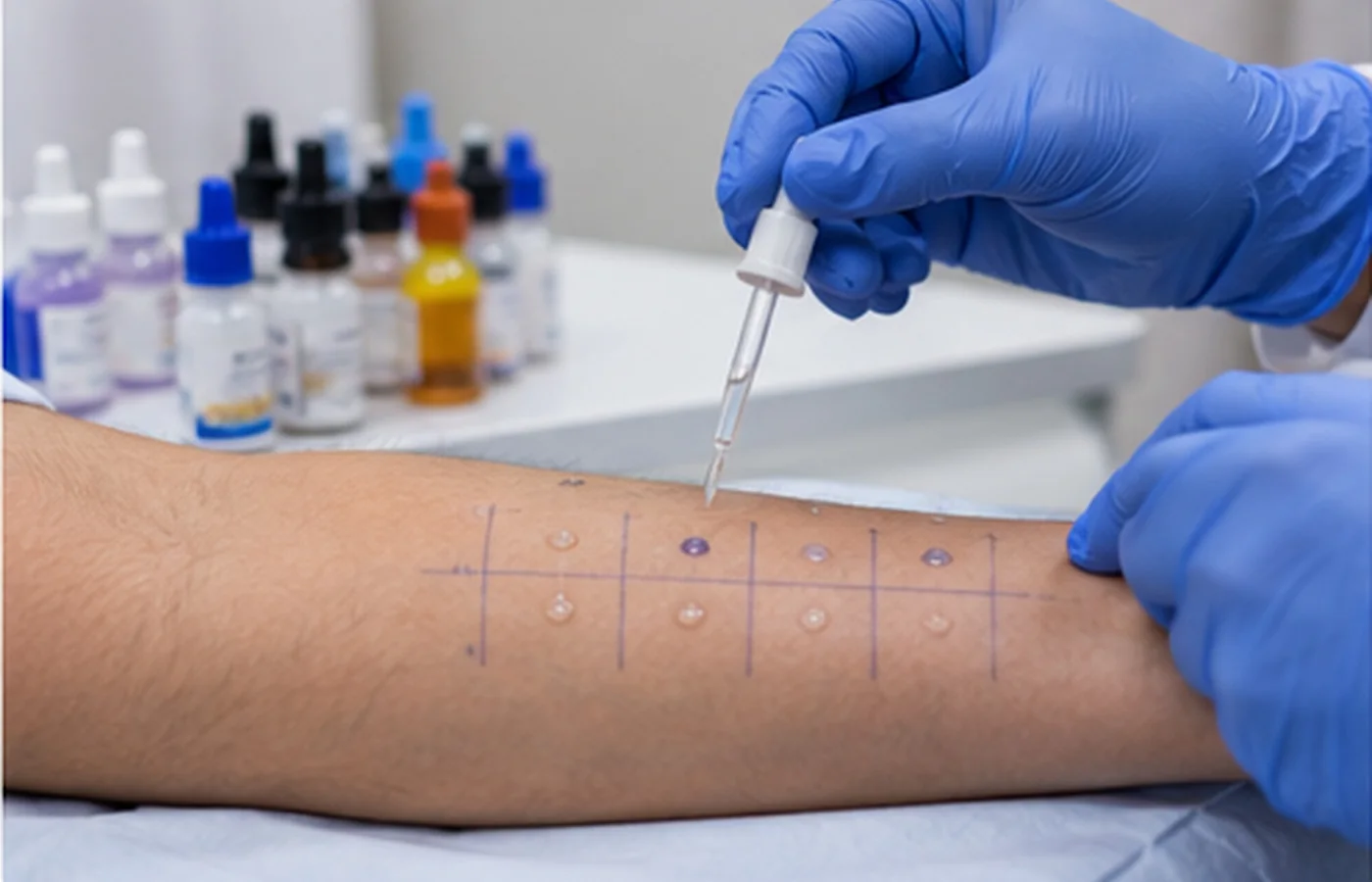 Skin-prick allergy testing being performed on a forearm