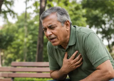 Man resting with a hand on his chest, breathless after walking