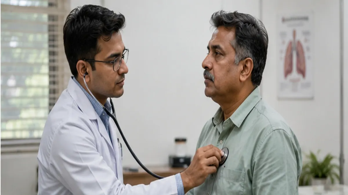 Doctor examining a patient's chest with a stethoscope for a suspected lung infection