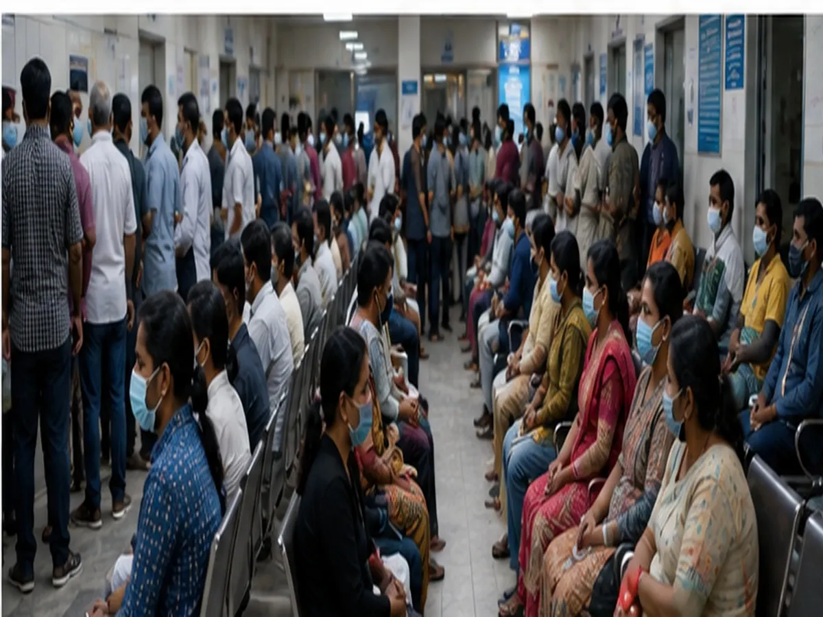 Crowded clinic waiting area during the monsoon with masked patients