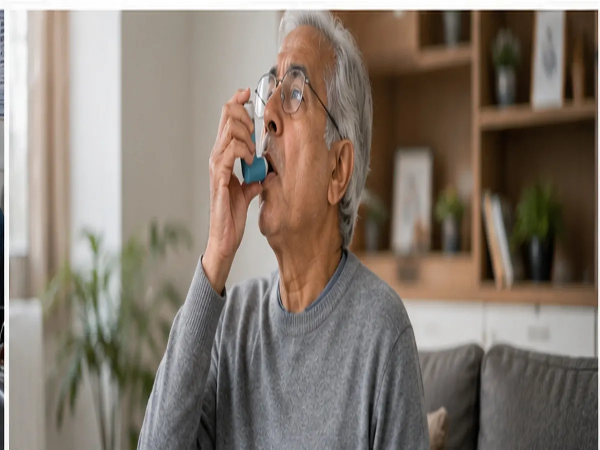 Elderly patient using an inhaler at home after a chest infection