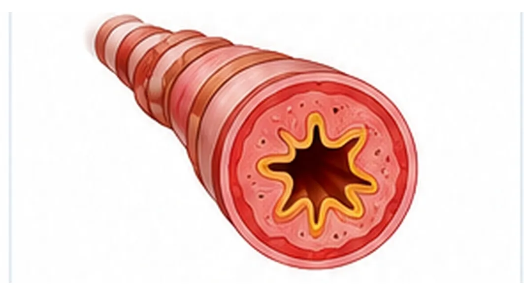 Airway in asthma — swollen lining, muscle spasm and mucus