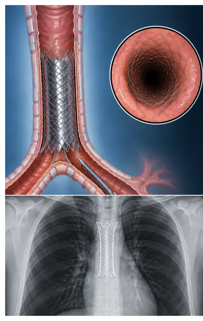 Airway stent seen through the bronchoscope, before and after placement