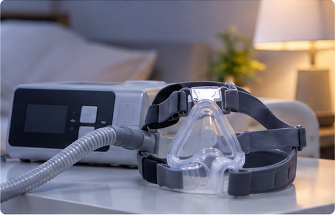 CPAP machine and full-face mask on a bedside table