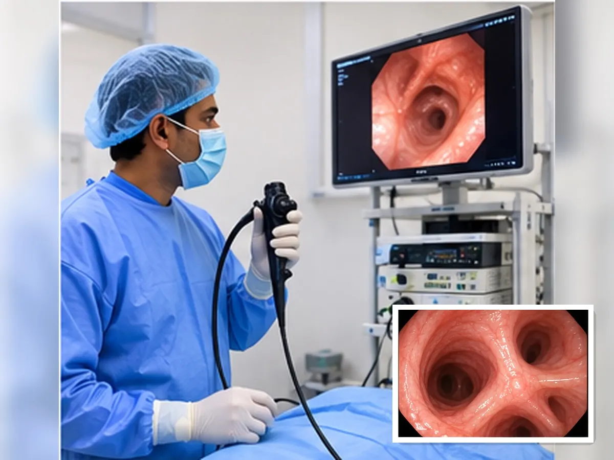 Flexible bronchoscopy being performed to sample a lung lesion
