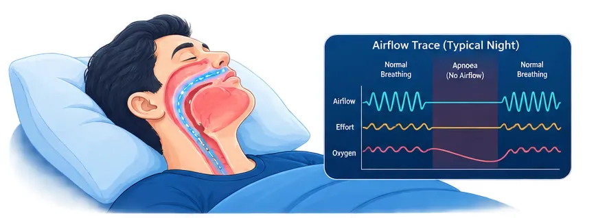Airflow trace showing pauses in breathing during sleep