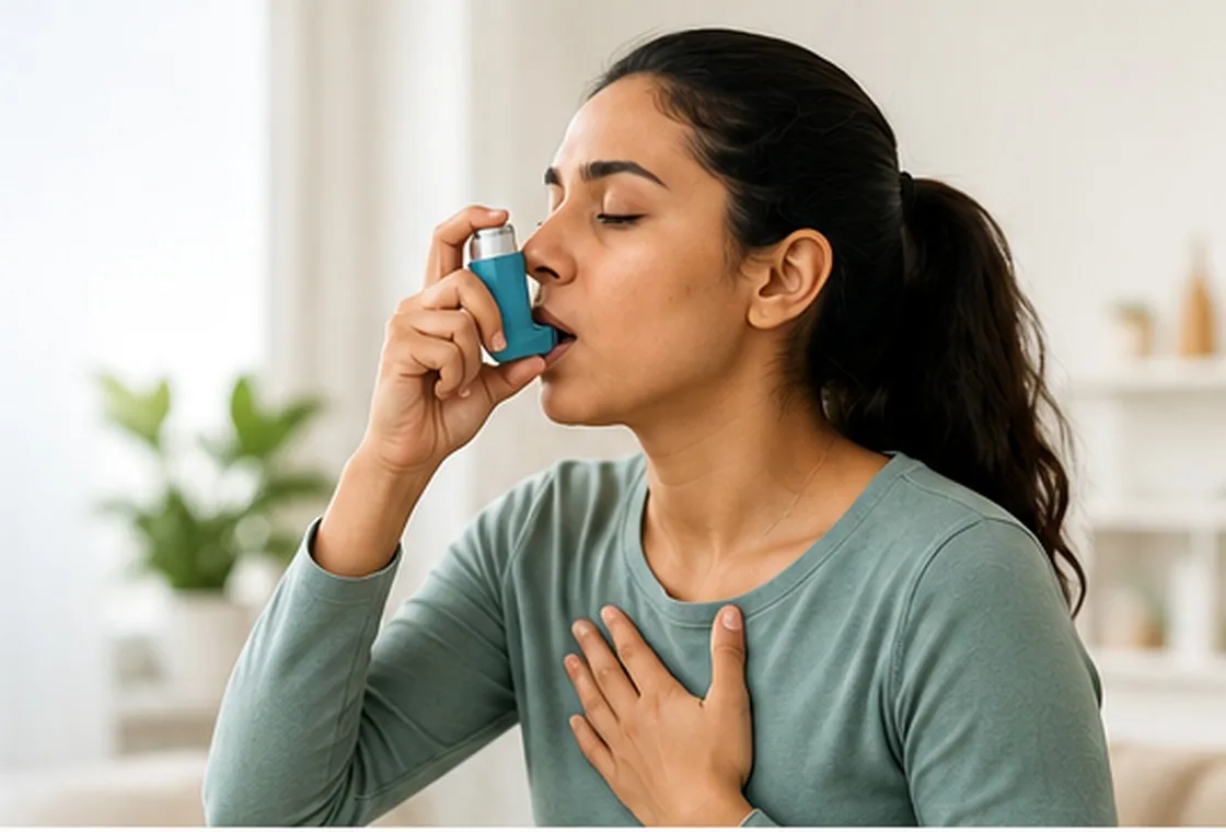 Cross-section of an airway narrowed by asthma — swollen lining, tight muscle and mucus