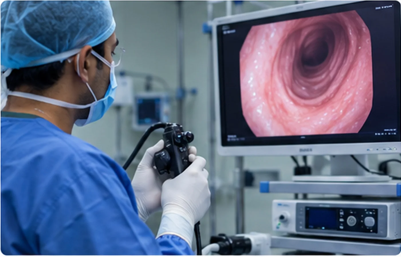 Pulmonologist performing bronchoscopy with the airway view on the monitor