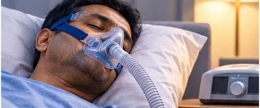 Person sleeping comfortably with a CPAP mask for sleep apnoea