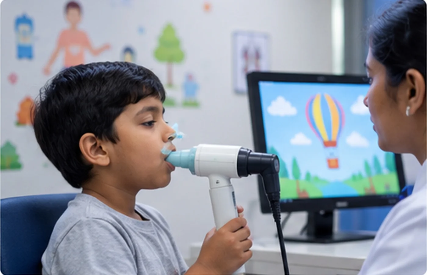 Child breathing normally into a handheld oscillometry device during testing