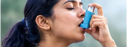 Illustration of narrowed asthmatic airways and an inhaler