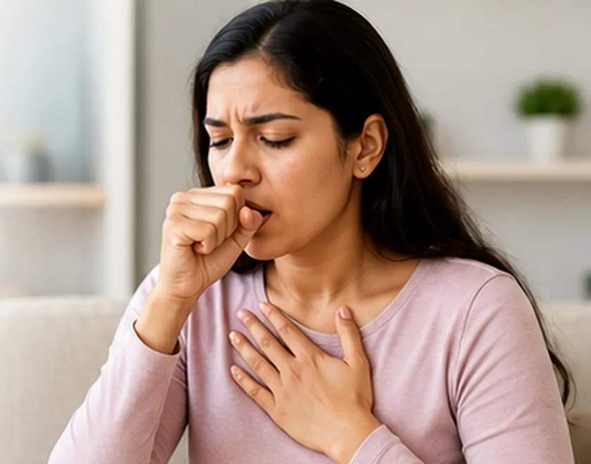 Patient sitting up at night with cough and chest tightness from asthma