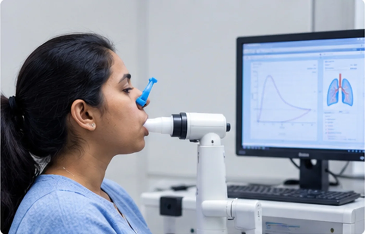 Patient performing spirometry with a nose clip while the flow-volume curve is recorded