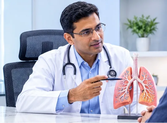 Dr. Arun Gangadhar consulting a patient at Lung Care, RS Puram, Coimbatore